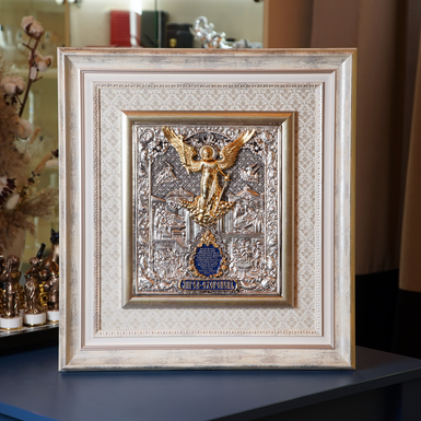 Ікона Янгола Охоронця із золотом та сріблом в дерев'яному багеті