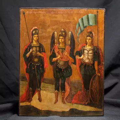 Старинная икона «Три святых воина - Георгий Победоносец, Архангел Михаил и Иоанн воин» второй половины XIX века
