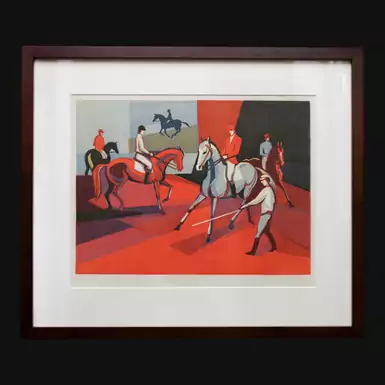 Цветная линогравюра "Конный спорт. Мастера выездки", В.М. Казакова, 1984 год