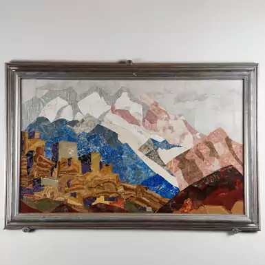 Авторская картина флорентийская мозаика "Монастырь в Тибете" из натуральных камней и минералов (около 350 каменных элементов)