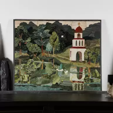 Авторская картина флорентийская мозаика "Зов колокольни" из натуральных камней и минералов (около 450-500 каменных элементов)