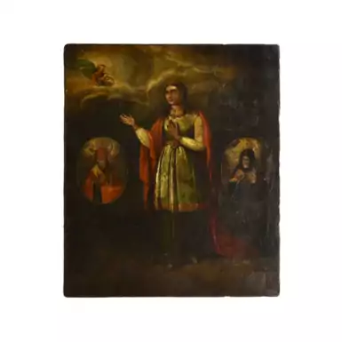 Старинная икона «Варвара с Николаем Чудотворцем и Митрофаном», 19 век