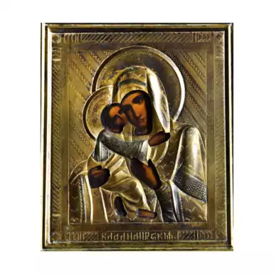 Раритетная икона «Владимирская Божия Матерь», в латунном окладе