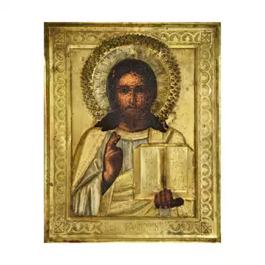 Rare icon "Christ Pantocrator" in brass salary, beginning of 20th century