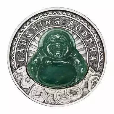 Silver coin with jade insert "Laughing Buddha" Будда