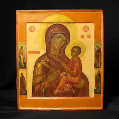 Старинная икона "Тихвинская Божья матерь с предстоящими", начало XVIII века