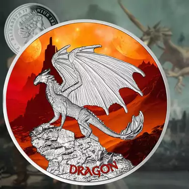 Серебряная монета в футляре "Огнедышащий дракон"