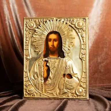 Старинная икона Спасителя последней трети XIX века в латунном окладе