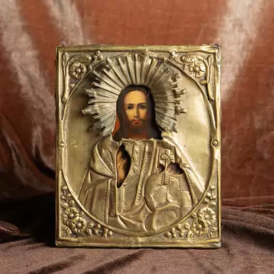 Старинная икона Спасителя в латунном окладе конца XIX века 