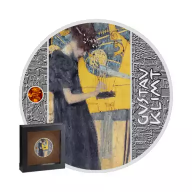 Silver coin with amber "Creativity of Gustav Klimt"