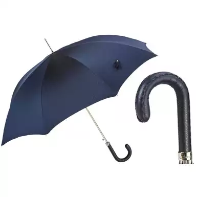 Мужской зонт-трость с темно-синей кожаной ручкой от Pasotti