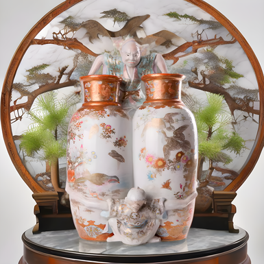Унікальна японська подвійна ваза 19 століття з героями міфів Ashinaga-tenaga, 31 см