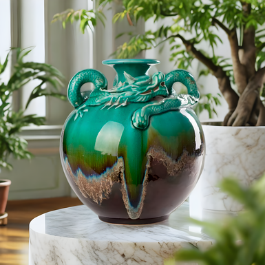 Китайская антикварная ваза 20 столетия "Fire breathing" в технике FLAMBE, 30х27 см
