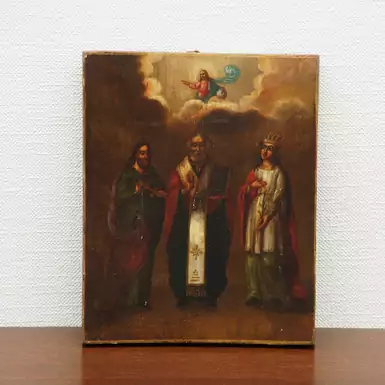 Старинная икона Николая Чудотворца, Святого Евдокима и Святой Екатерины 19 века