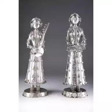 Раритетные статуэтки из серебра "Девушки с музыкальными инструментами", середина 20 века