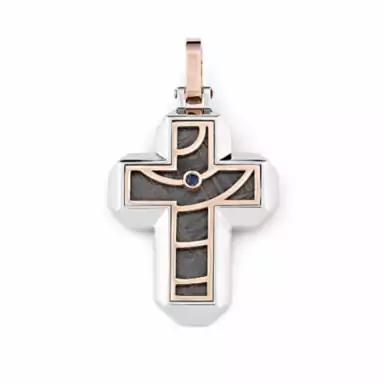 Cross from Baraka in white and rose gold with meteorite and blue sapphire