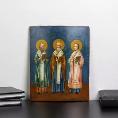Antique icon of Saints Basil, Gregory and John, second half of the 19th century