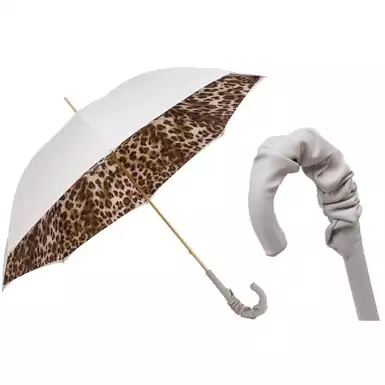 Белый зонт с леопардовым принтом и кожаной ручкой со складками от Pasotti