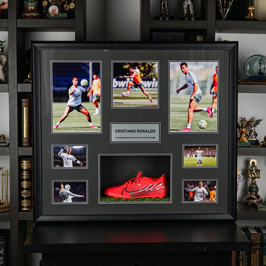 Certified autograph of football player Cristiano Ronaldo on a football boot in a photo collage (86х76 см)