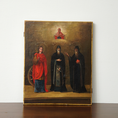 Старинная икона 19 века "Покров Пресвятой Богородицы с избранными святыми Екатериной, Виссарионом и Онуфрием"