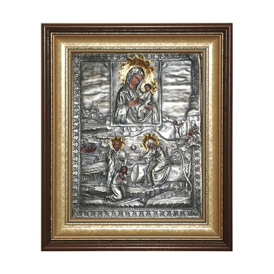 Icon of Our Lady of Tikhvin depicting the apparition of the Most Holy Theotokos to sexton George (copper, silvering, gilding)