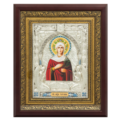Икона Святой Татьяны Великомученицы с золотом и серебром под стеклом в деревянном багете