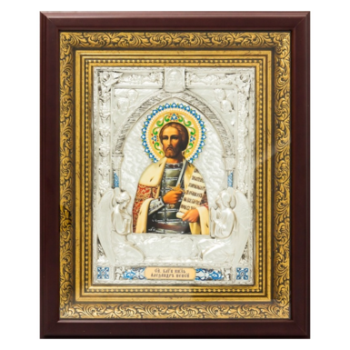 Icon of the Holy Prince Alexander Nevsky with gold and silver under glass in a wooden frame