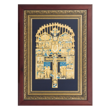 Icon of the crucifixion of Christ with upcoming and chosen icons with silver and gold in a wooden frame