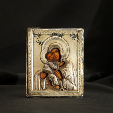 Икона Владимирской Божьей Матери в серебряном окладе второй половины 19 века (без реставрации)