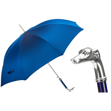 Синий зонт с посеребренной ручкой в виде грейхаунда от Pasotti