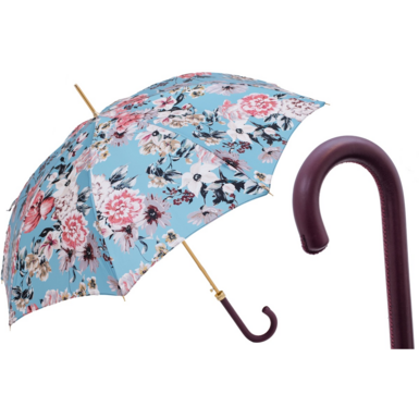 Зонт в цветочек с бордовой кожаной ручкой от Pasotti