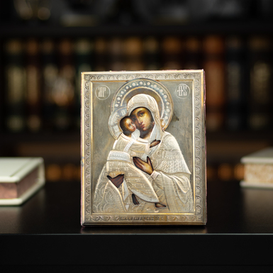 Икона Владимирской Божьей Матери в серебряном окладе последней четверти 19 века
