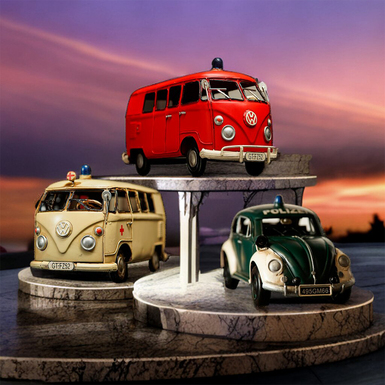 Комплект металлических моделей авто VW-Bus Feuerwehr, VW Käfer Polizei и VW Bulli Krankenwagen, вторая половина 20 века от Nitsche (изготовлено в ретро стиле)