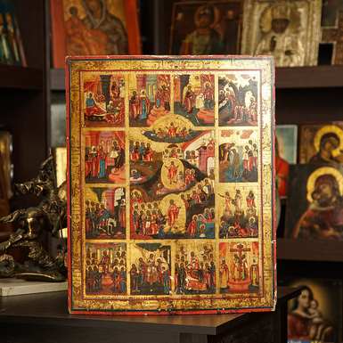 Старинная икона "Двунадесятые праздники", первая половина 19 века, Южный регион Украины (без реставрации)