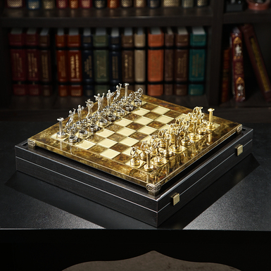 Шахматный набор подвигов Геркулеса с золотыми/серебряными фигурами и бронзовой шахматной доской (36 x 36 см) от Manopoulos