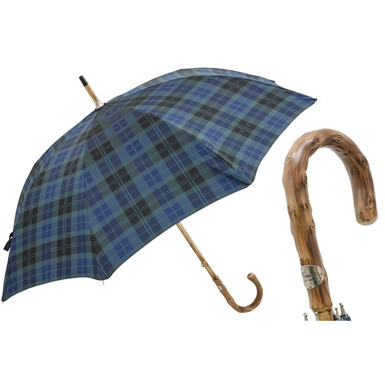 Blue check wooden handle umbrella by Pasotti