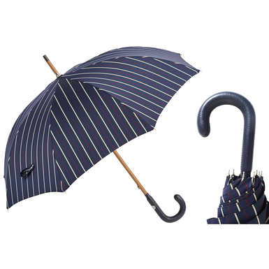 Чоловіча смугаста парасолька з темно-синьою шкіряною ручкою від Pasotti