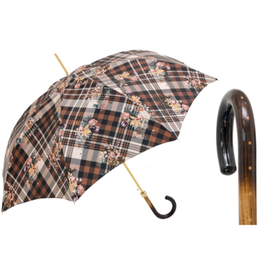 Umbrella cane "Tartan with Flowers" with wooden handle by Pasotti