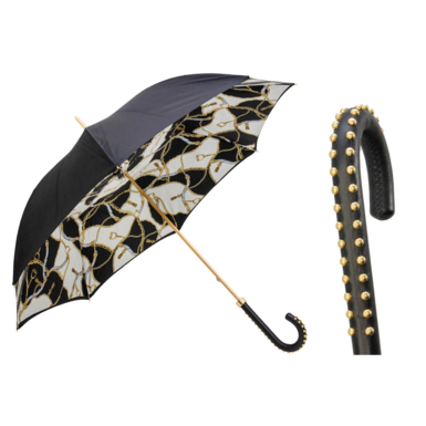 Umbrella cane "Black Bridles Print" with leather handle by Pasotti
