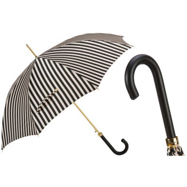 Umbrella cane "Black and White Striped" with leather handle from Pasotti
