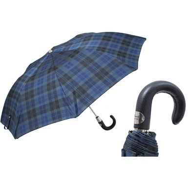 Складна парасолька в шотландську клітинку зі шкіряною ручкою від Pasotti