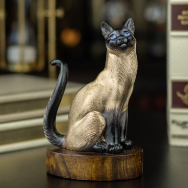 Handmade bronze and mahogany figurine «Siamese cat» by Andrey Vasilchenko, 2020