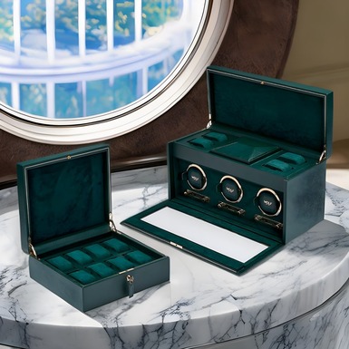 Комплект зі скриньки для 8 годинників "British racing" та скриньки для автопідзаводу 3-х годинників "Noble emerald" від Wolf