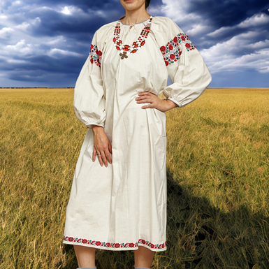 Комплект из сорочки с вышивкой в красно-черных тонах, Надднепровщина, начало 20-го века и ожерелья "Крестик"