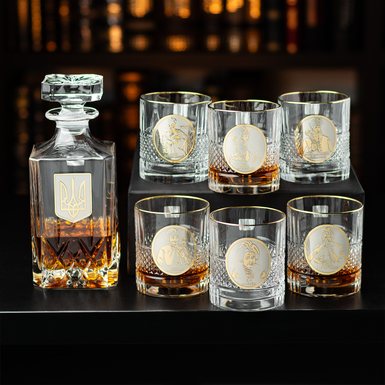 Crystal decanter and 6 glasses for whiskey and water "Hetmans" (Vyhovskyi, Doroshenko, Mazepa, Skoropadskyi, Khmelnytskyi, Konashevich-Sagaidachnyi) by BIANCANEVE