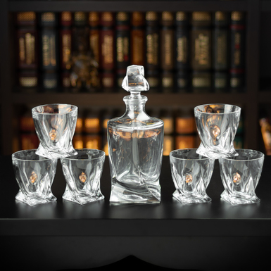 Подарочный набор для виски из 6 хрустальных стаканов с пулей и графина в кейсе