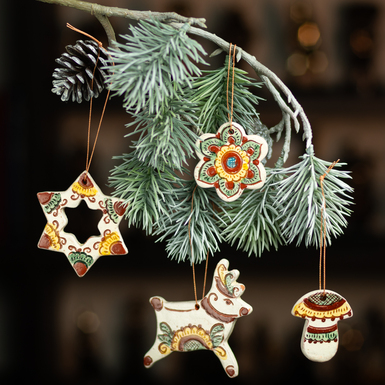 Set of Christmas tree decorations "Carols" (4 pcs.), Hutsul ceramics, author Ivanna Kozak