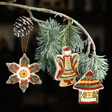 Комплект елочных игрушек "Новогодние традиции" (3 шт.), Гуцульская керамика, автор Иванна Козак