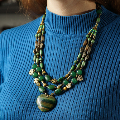 Necklace "Forest Song" 3 rows made of cat's eye and malachite 