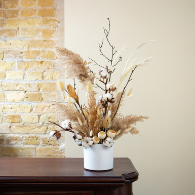 Bouquet of dried flowers with cotton and palm leaves "Infinite tenderness" (protea, lagurus, cardo, coconut spiral, reed, millet)